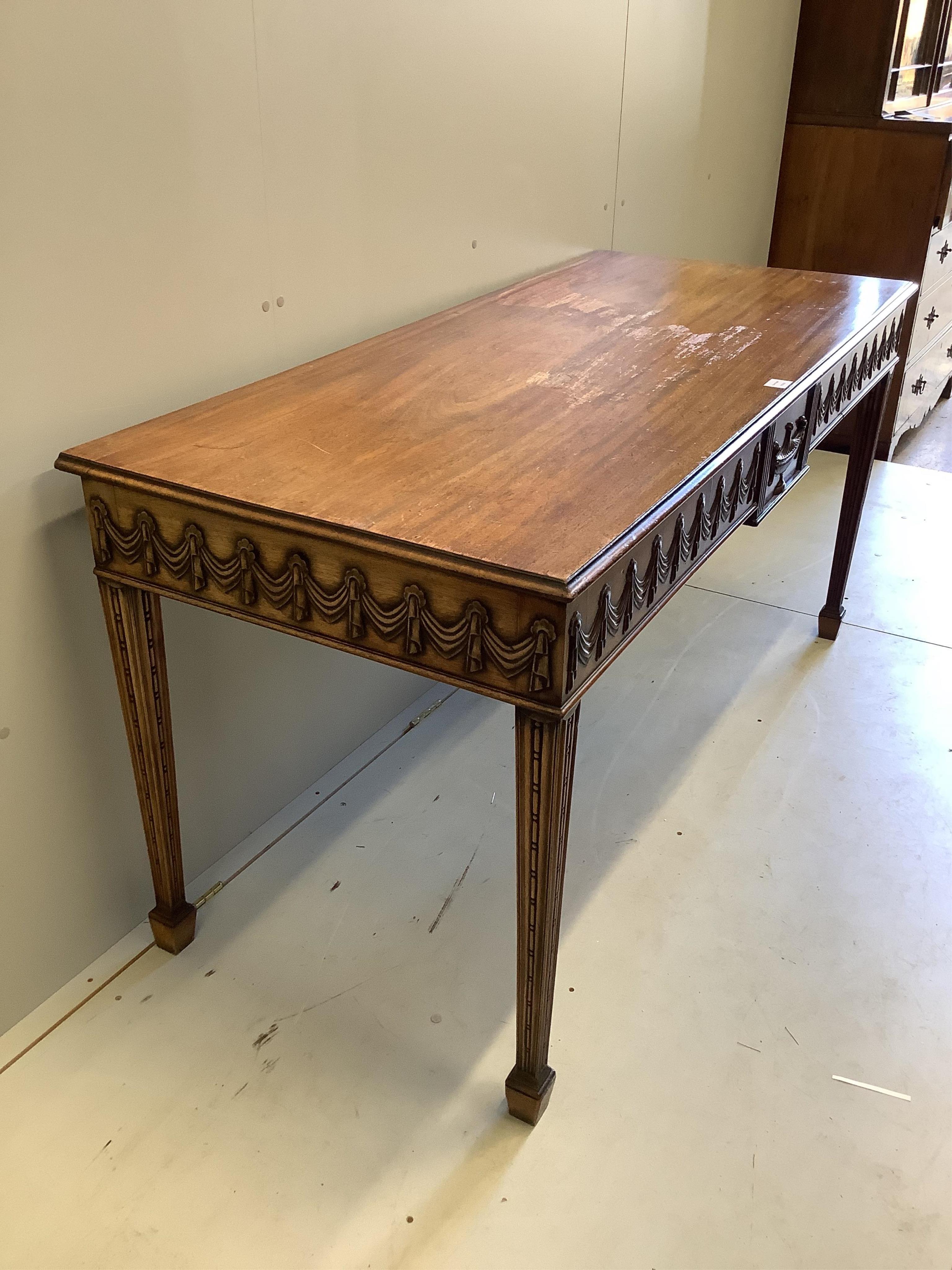 A Victorian Druce & Co. Adam revival mahogany serving table, width 163cm, depth 69cm, height 80cm. Condition - fair-good